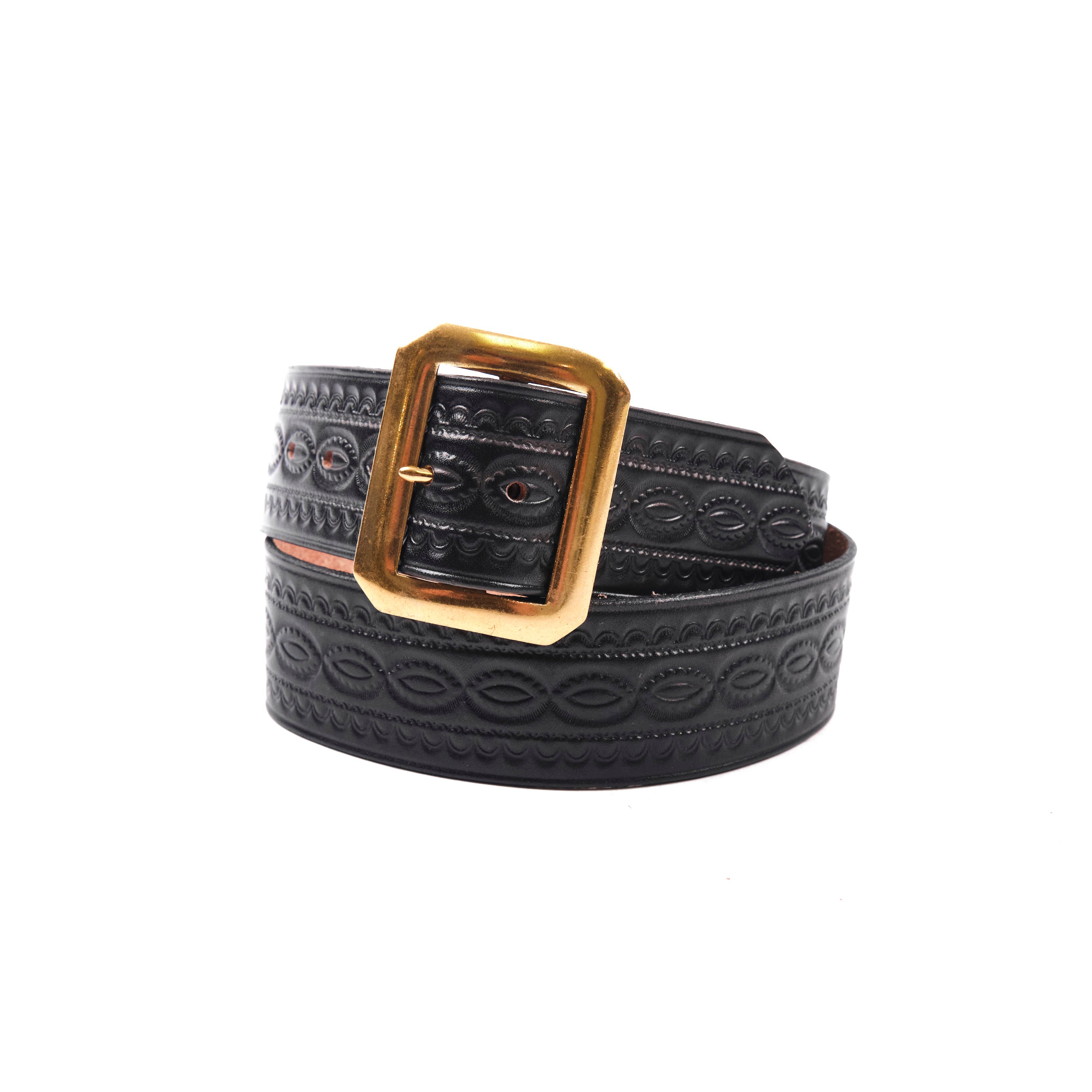 Codina Leather - NOS Vintage Brass Buckle Embossed Belt Black