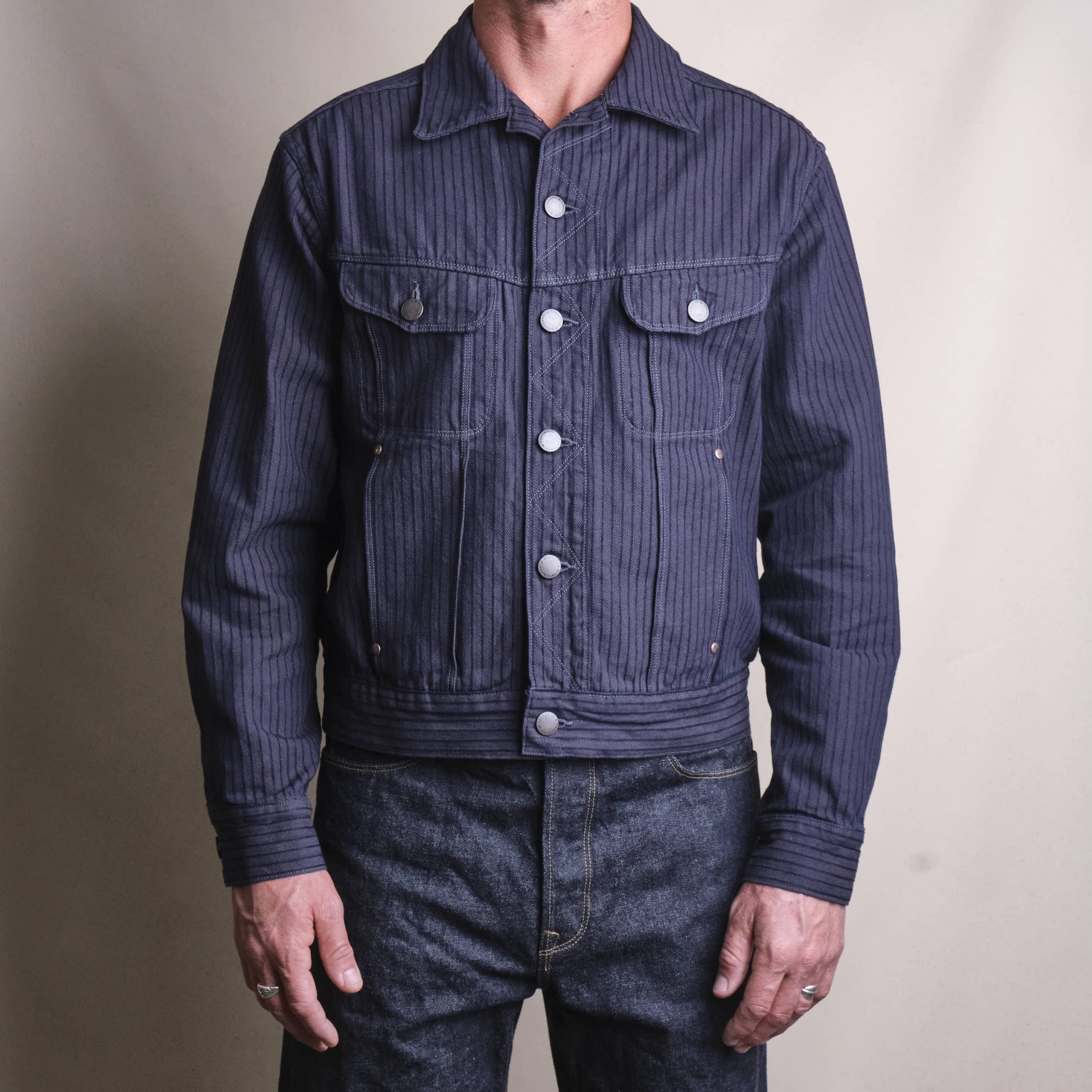 High Low Indigo Herringbone Dobby Jacket